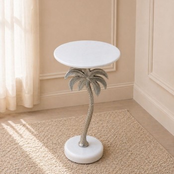 طاولة جانبية فورنيتّا بسطح من الرخام الأصلي ابيض عمود عمود فضي ×30×58سم 