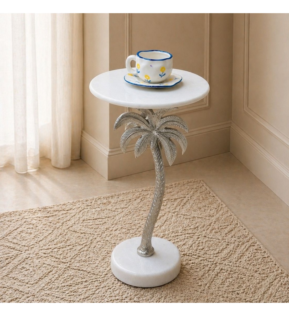 طاولة جانبية فورنيتّا بسطح من الرخام الأصلي ابيض عمود عمود فضي ×30×58سم 