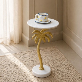 طاولة جانبية فورنيتّا بسطح من الرخام الأصلي ابيض عمود ذهبي30×30×58سم 