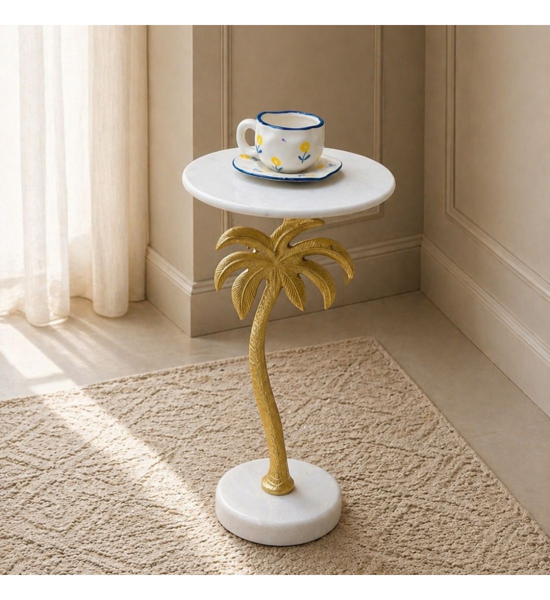 طاولة جانبية فورنيتّا بسطح من الرخام الأصلي ابيض عمود ذهبي30×30×58سم 