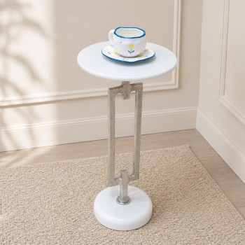 طاولة جانبية فورنيتّا بسطح من الرخام الأصلي ابيض عمود عمود فضي30 ×30×58سم 