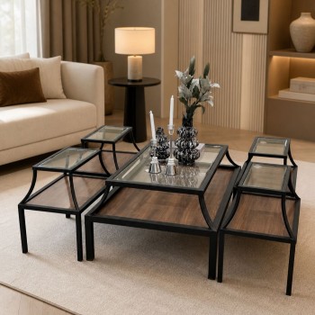 طقم طاولات قهوة 5 قطع – دورين  زجاج مع خشب قاعدة معدنية بنية فاخرة 5قطع 