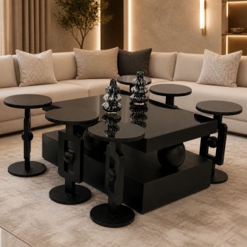 طقم طاولات خشب سنديان سطح مرايه 7قطع 