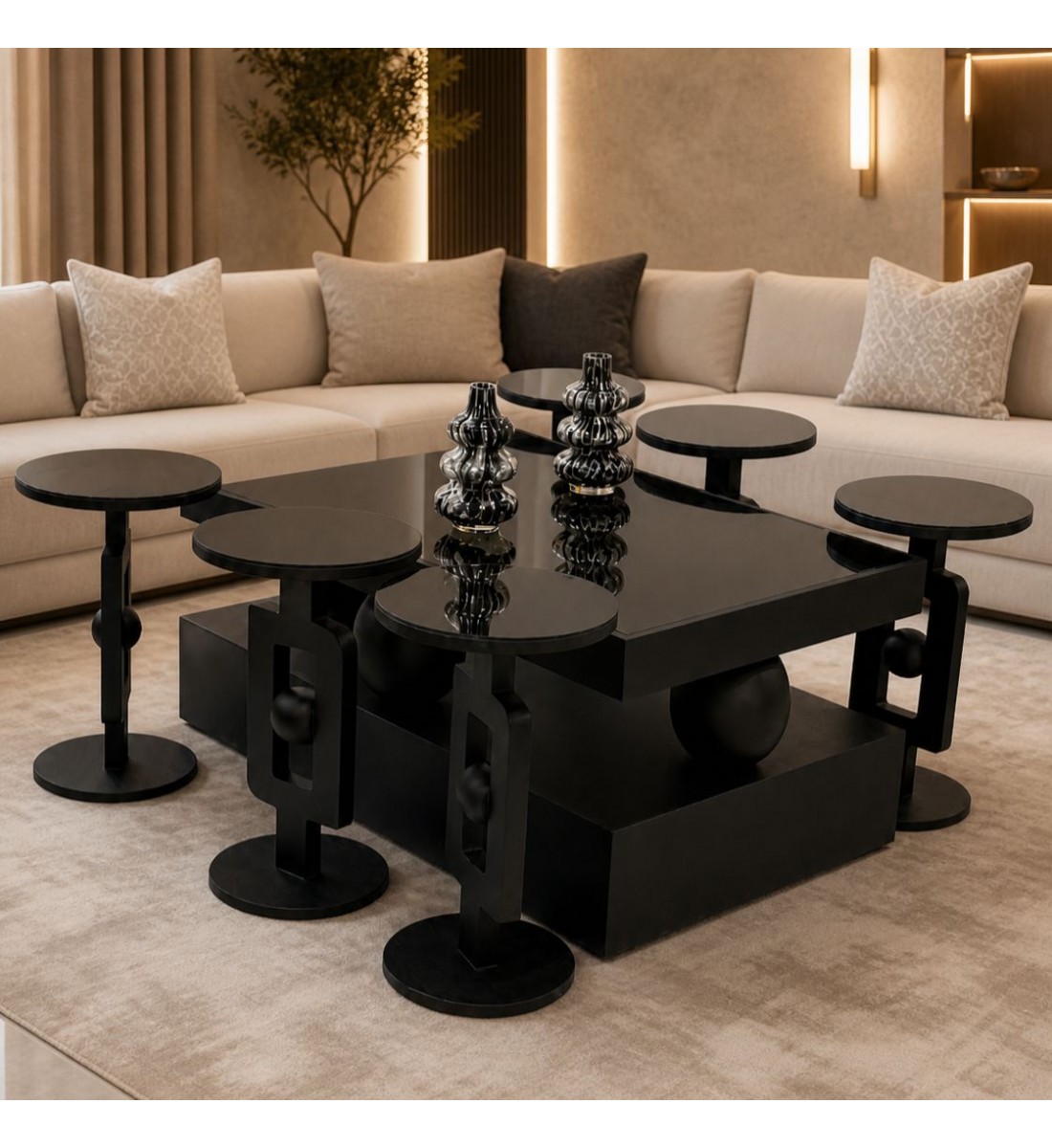طقم طاولات خشب سنديان سطح مرايه 7قطع 