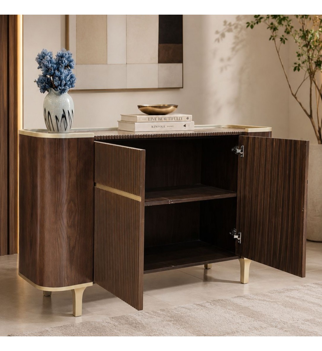 بوفيه خشبي قشرة الجوز بتصميم عصري فاخر، 150×45×85سم (منتج تفصيل ) بوفيه خشبي قشرة الجوز بتصميم عصري فاخر، 150×45×85سم (منتج تفصيل )
