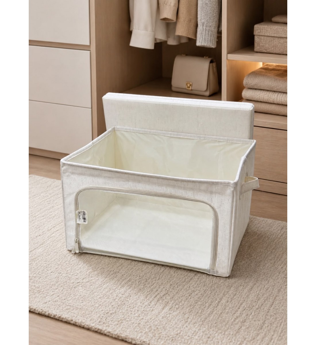 صندوق تخزين قماشي قابل للطي بنافذة شفافة لون بيج صندوق تخزين قماشي قابل للطي بنافذة شفافة لون بيج
