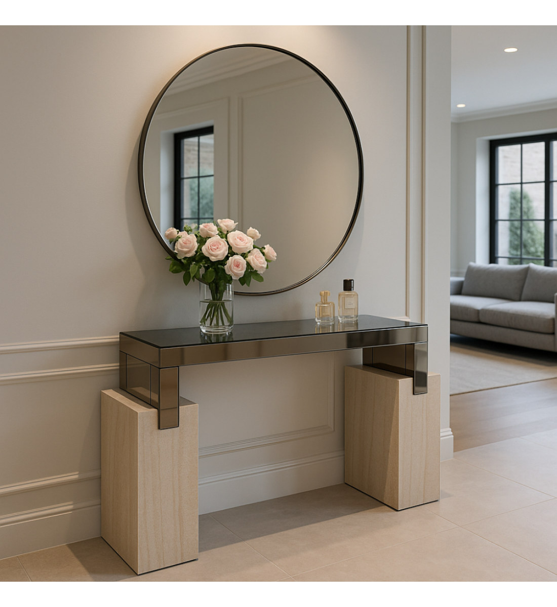 مدخل كنسول خشب   بديل الرخام بشكل جذاب وانيق  سطح زجاج   140×40×90سم (منتج تفصيل)