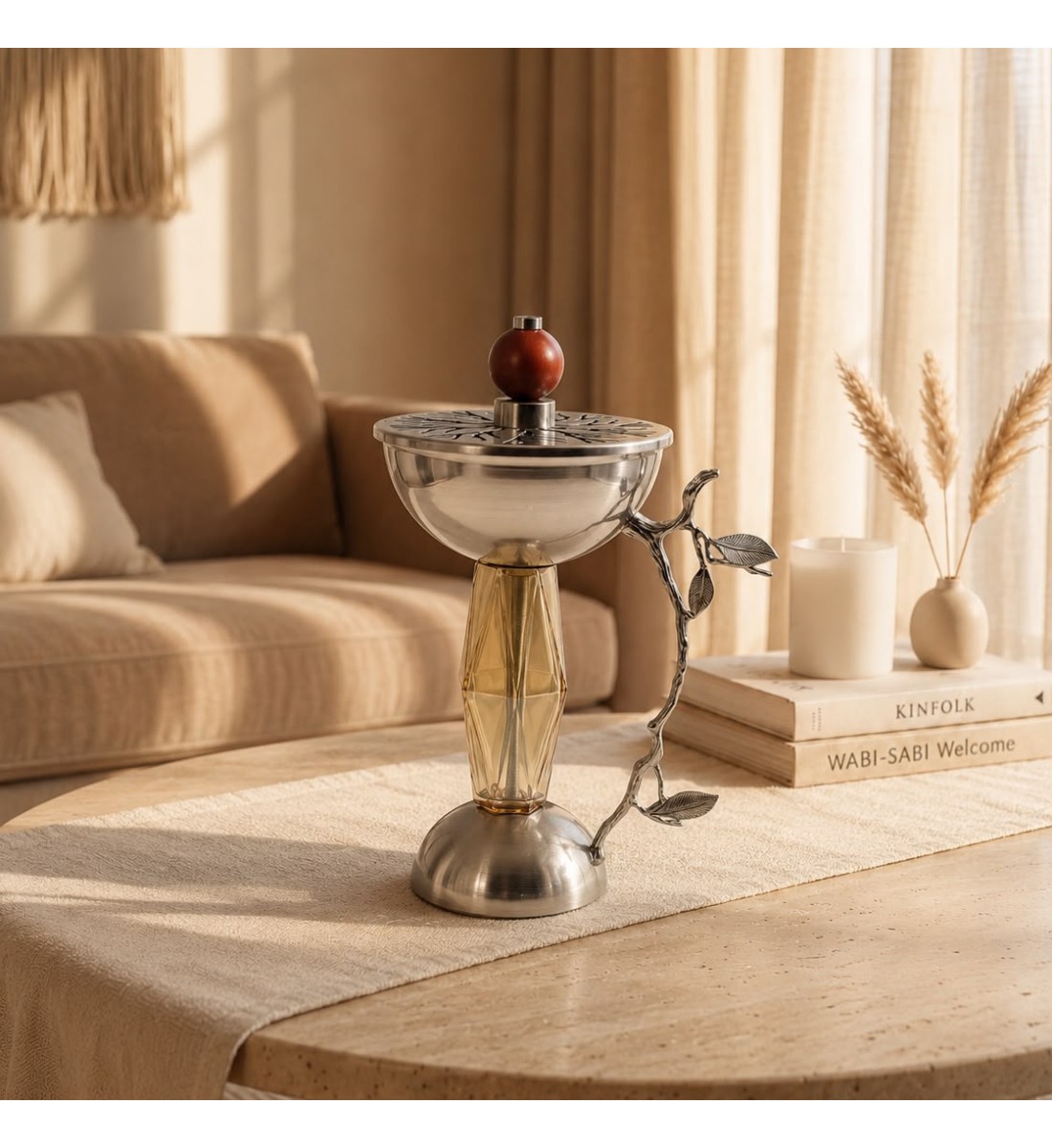 مبخرة معدنية فاخرة بتصميم كلاسيكي أنيق، تأتي بلون عسلي فضي مطفي 26×15×15سم 