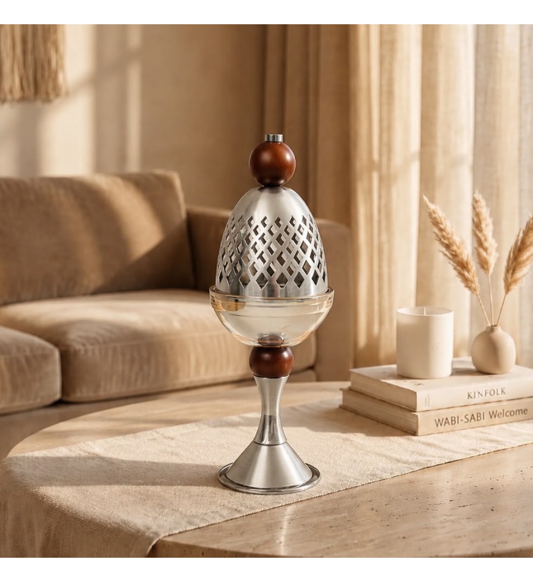 مبخرة معدنية فاخرة بتصميم كلاسيكي أنيق، تأتي بلون عسلي   فضي مطفي11×11×32سم 