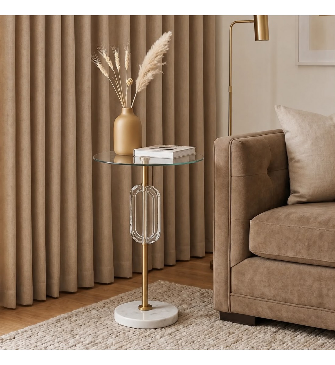 طاولة جانبية أنيقة بتصميم عصري، تتميز بسطح دائري من الزجاج الشفاف33×33×57سم