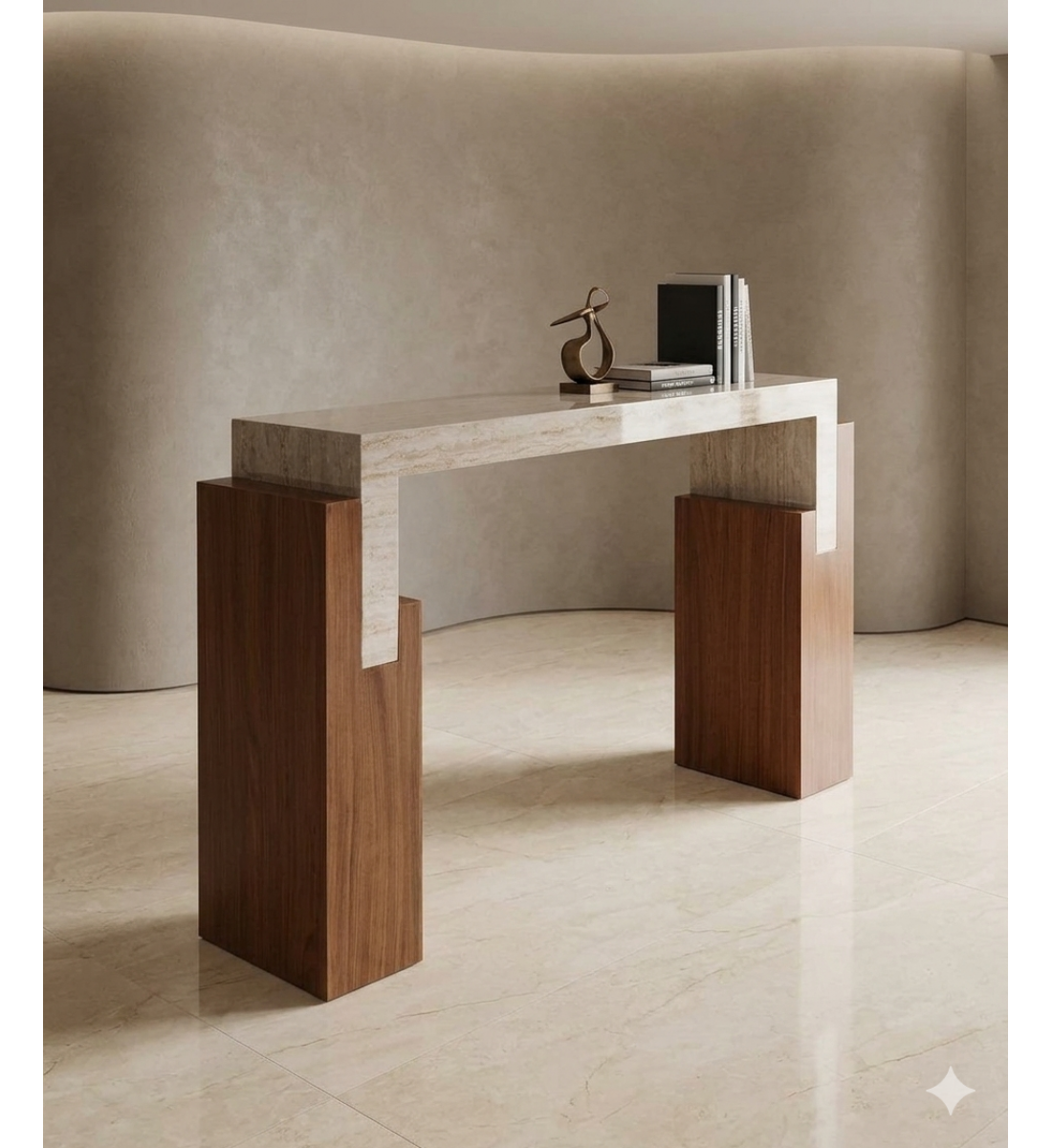 طاولة كونسول خشبية بتصميم مودرن دافئ  بسطح بديل الرخام  140×40×95سم 