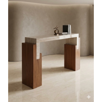 طاولة كونسول خشبية بتصميم مودرن دافئ بسطح بديل الرخام 140×40×95سم طاولة كونسول خشبية بتصميم مودرن دافئ بسطح بديل الرخام 140×40×95سم
