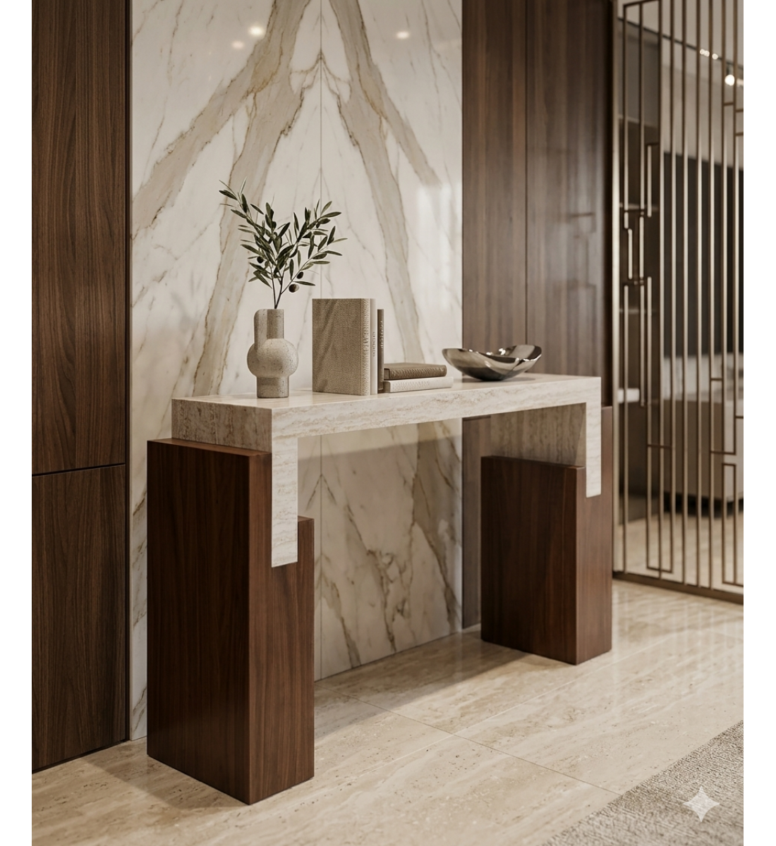 طاولة كونسول خشبية بتصميم مودرن دافئ  بسطح بديل الرخام  140×40×95سم 