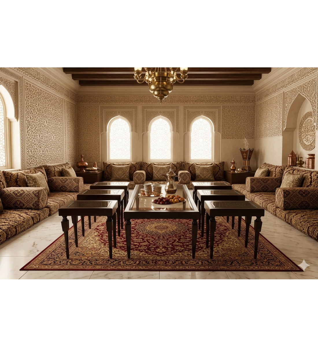 طقم طاولات 7 قطع بسطح زجاج وقاعدة خشب لون بني تصميم حديث وانيق طقم طاولات 7 قطع بسطح زجاج وقاعدة خشب لون بني تصميم حديث وانيق