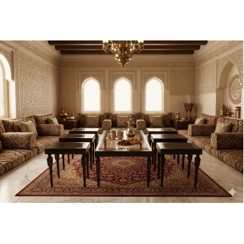 طقم طاولات 7 قطع بسطح زجاج وقاعدة خشب لون بني تصميم حديث وانيق طقم طاولات 7 قطع بسطح زجاج وقاعدة خشب لون بني تصميم حديث وانيق