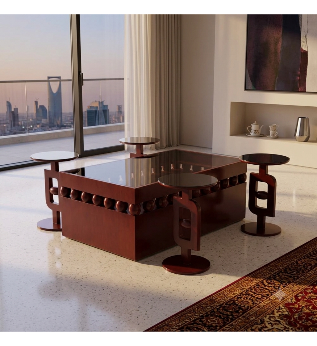 طقم طاولات ضيافة أنيق بتصميم عصري فاخر   فجر 5 قطع لون بني