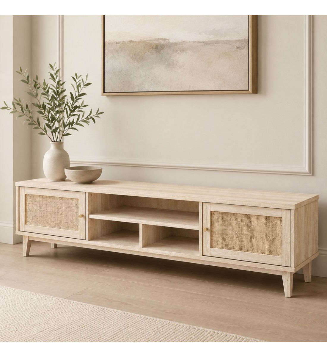 طاولة تلفزيون بتصميم أنيق وهادئ، مصنوعة بطابع خشبي 200×40×45سم 