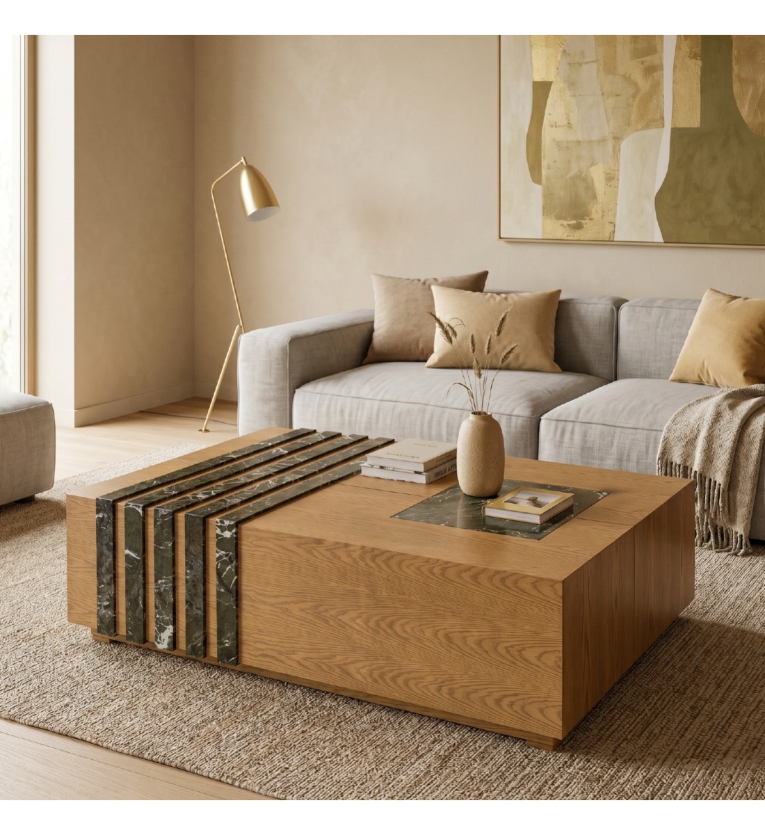 طاولة وسط بتصميم فاخر تجمع بين الرخام والخشب بأسلوب عصري أنيق 160×120×47سم (منتج تفصيل )