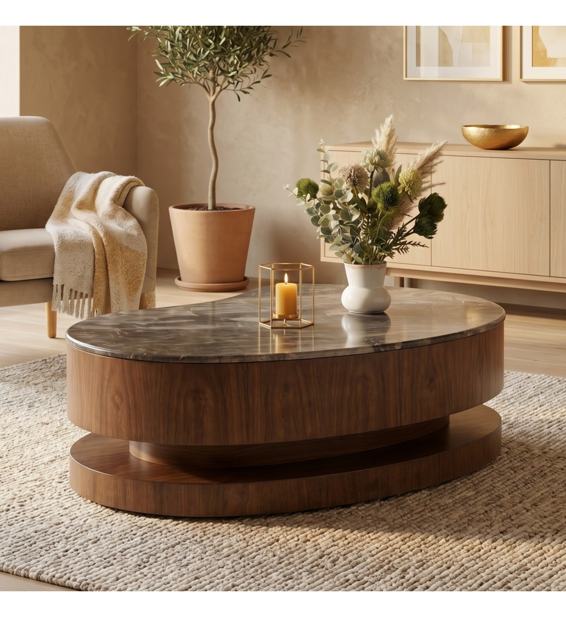 طاولة وسط بتصميم فاخر تجمع بين الرخام والخشب بأسلوب عصري أنيق 160×80×47سم (منتج تفصيل )