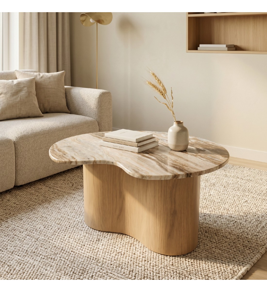 طاولة وسط بتصميم فاخر تجمع بين الرخام والخشب بأسلوب عصري أنيق90×90×45سم  (منتج تفصيل )