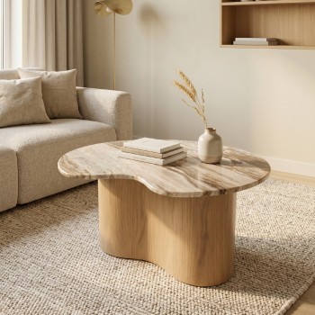 طاولة وسط بتصميم فاخر تجمع بين الرخام والخشب بأسلوب عصري أنيق90×90×45سم  (منتج تفصيل )