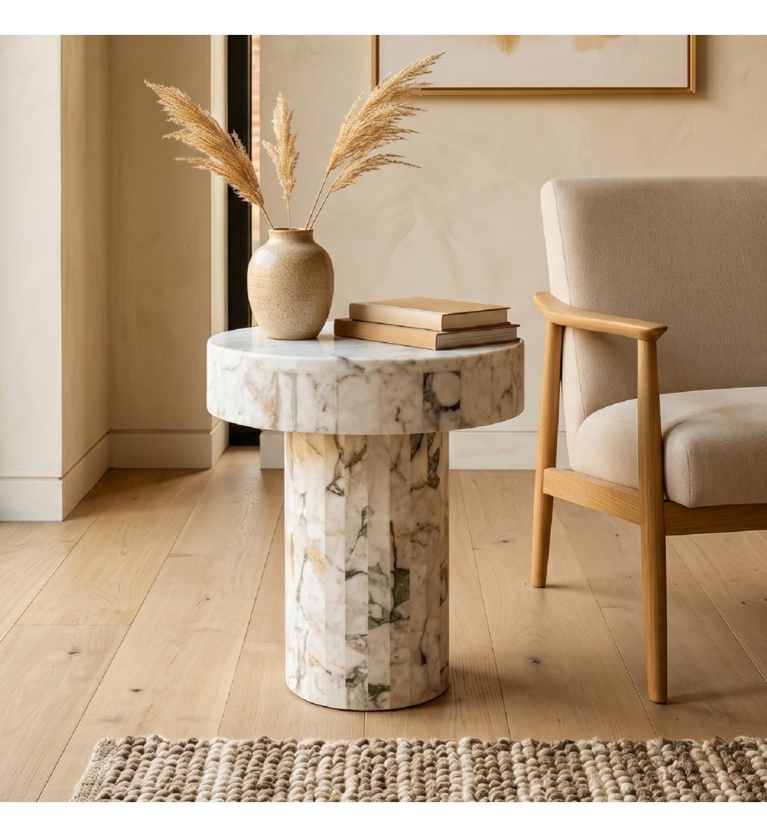 طاولة جانبية دائرية فاخرة بتصميم رخامي رخام فيولا أنيق45×45×55سم(منتج تفصيل )
