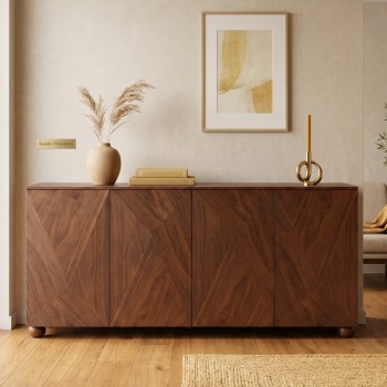 بوفيه خشبي فاخر قشرة الجوز بتصميم عصري أنيق 4باب 200×45×90سم (منتج تفصيل)