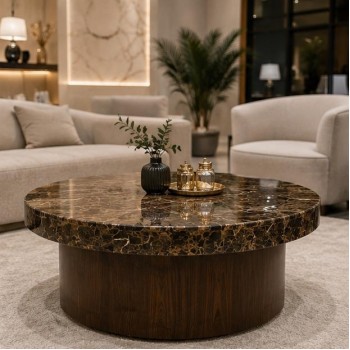 Amber Door Dark Marble Coffee Table with Wooden Base 100×100×45cm (Custom Made)