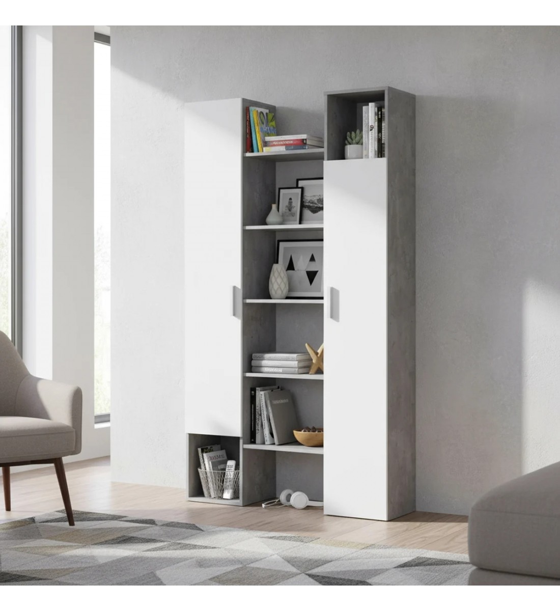 وحدة تخزين خشب ماليزي بابين و 5 ارفف مع ادراج لون رمادي وأبيض وحدة تخزين خشب ماليزي بابين و 5 ارفف مع ادراج لون رمادي وأبيض