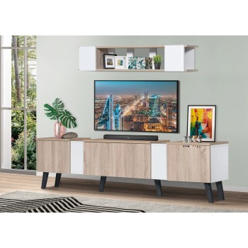 طاوله تلفزيون خشبية 3 درج مع ارفف جدار خشب ماليزي 180 سم - لون بني فاتح وابيض