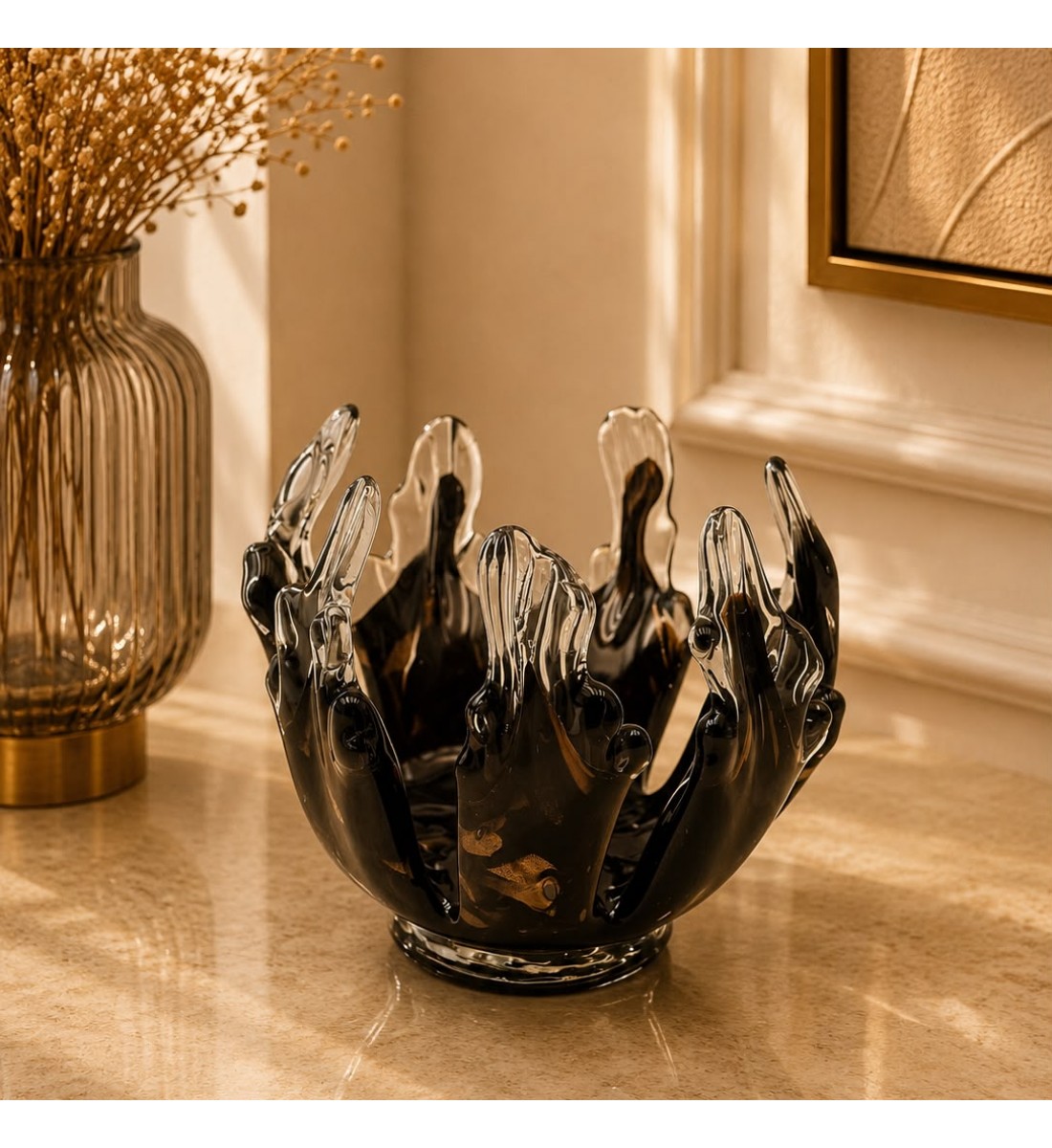 صحن ديكور زجاجي وحامل شموع 14×16×16سم صحن ديكور زجاجي وحامل شموع 14×16×16سم