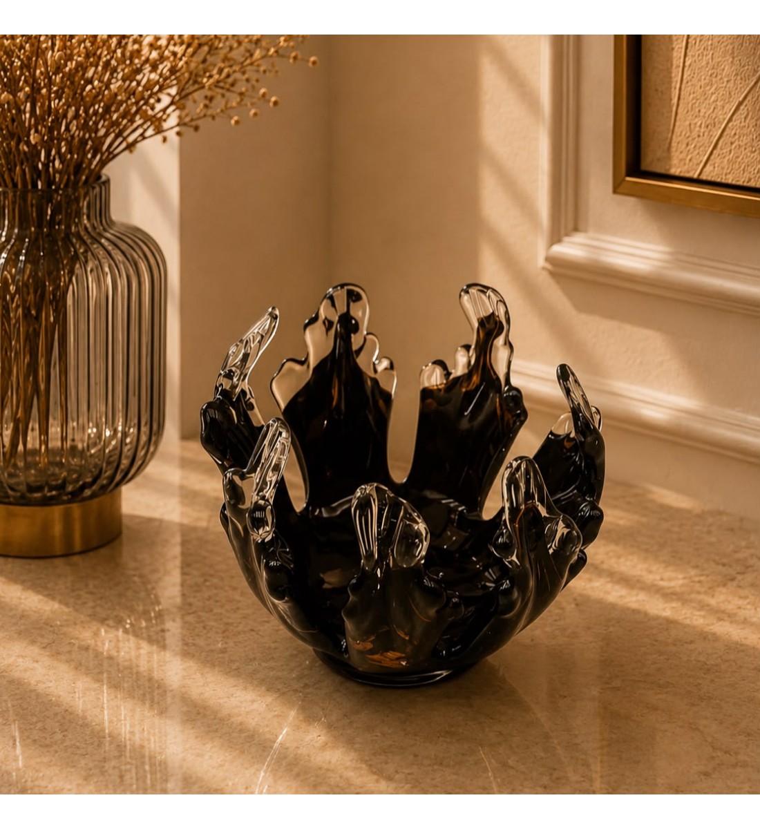 صحن ديكور زجاجي وحامل شموع 14×16×16سم صحن ديكور زجاجي وحامل شموع 14×16×16سم