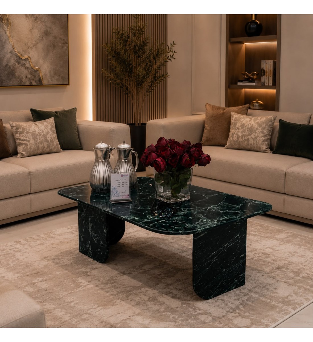 طاولة وسط فاخرة بتصميم عصري راقٍ، مصنوعة بالكامل من الرخام الأخضر اليوناني الطبيعي  45×120×70سم (منتج تفصيل )