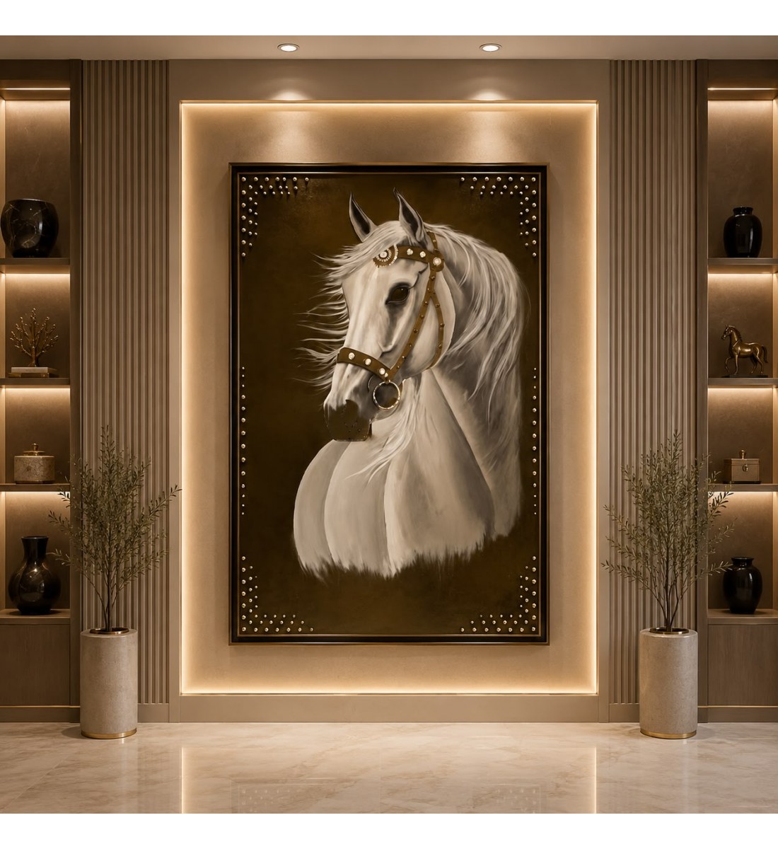 لوحة جدارية فنية فاخرة بتصميم مستطيل طولي، تجمع بين الرسم اليدوي والسطح العاكس 100×200سم اطار بني لوحة جدارية فنية فاخرة بتصميم مستطيل طولي، تجمع بين الرسم اليدوي والسطح العاكس 100×200سم اطار بني