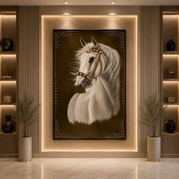 لوحة جدارية فنية فاخرة بتصميم مستطيل طولي، تجمع بين الرسم اليدوي والسطح العاكس 100×200سم  اطار بني