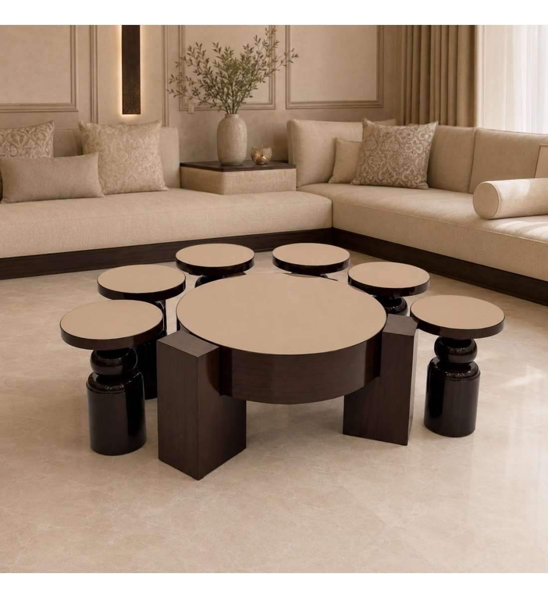 طقم طاولة قهوة مع طاولات جانبية بتصميم عصري فاخر 7 قطع (منتج تفصيل) طقم طاولة قهوة مع طاولات جانبية بتصميم عصري فاخر 7 قطع (منتج تفصيل)