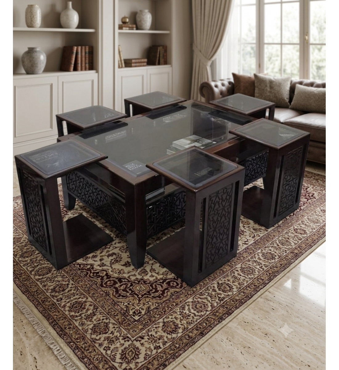 طقم طاولة قهوة مع طاولات جانبية بتصميم عصري فاخر 7 قطع (منتج تفصيل) طقم طاولة قهوة مع طاولات جانبية بتصميم عصري فاخر 7 قطع (منتج تفصيل)