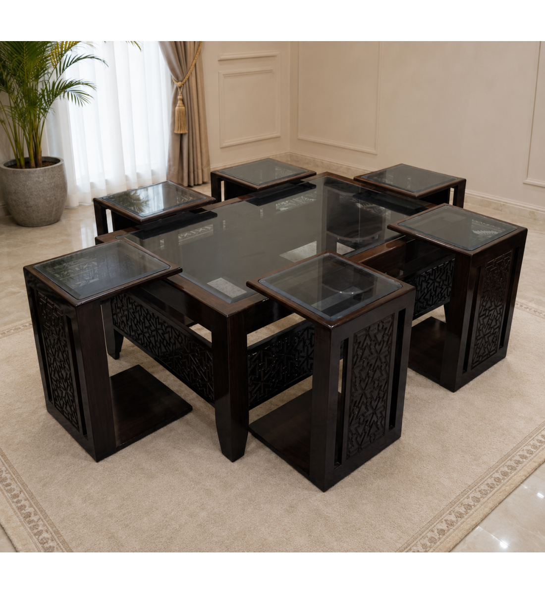 طقم طاولة قهوة مع طاولات جانبية بتصميم عصري فاخر 7 قطع (منتج تفصيل) طقم طاولة قهوة مع طاولات جانبية بتصميم عصري فاخر 7 قطع (منتج تفصيل)