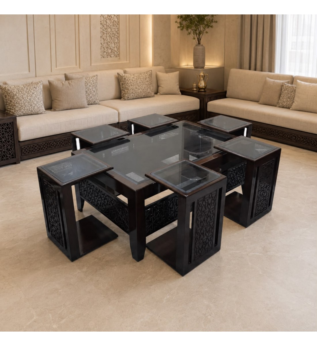 طقم طاولة قهوة مع طاولات جانبية بتصميم عصري فاخر 7 قطع (منتج تفصيل) طقم طاولة قهوة مع طاولات جانبية بتصميم عصري فاخر 7 قطع (منتج تفصيل)