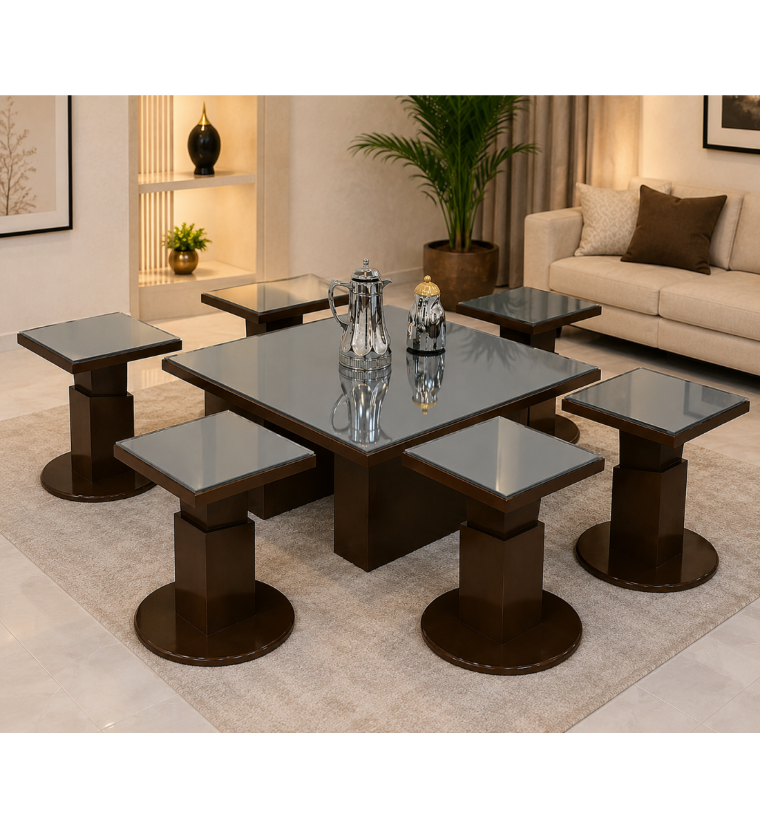 طقم طاولة قهوة مع طاولات جانبية سطح زجاج بتصميم عصري فاخر 7قطع (منتج تفصيل) طقم طاولة قهوة مع طاولات جانبية سطح زجاج بتصميم عصري فاخر 7قطع (منتج تفصيل)