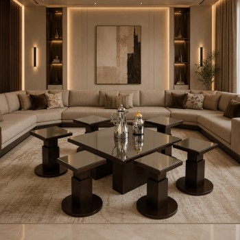 طقم طاولة قهوة مع طاولات جانبية سطح  زجاج  بتصميم عصري فاخر 7قطع  (منتج تفصيل)