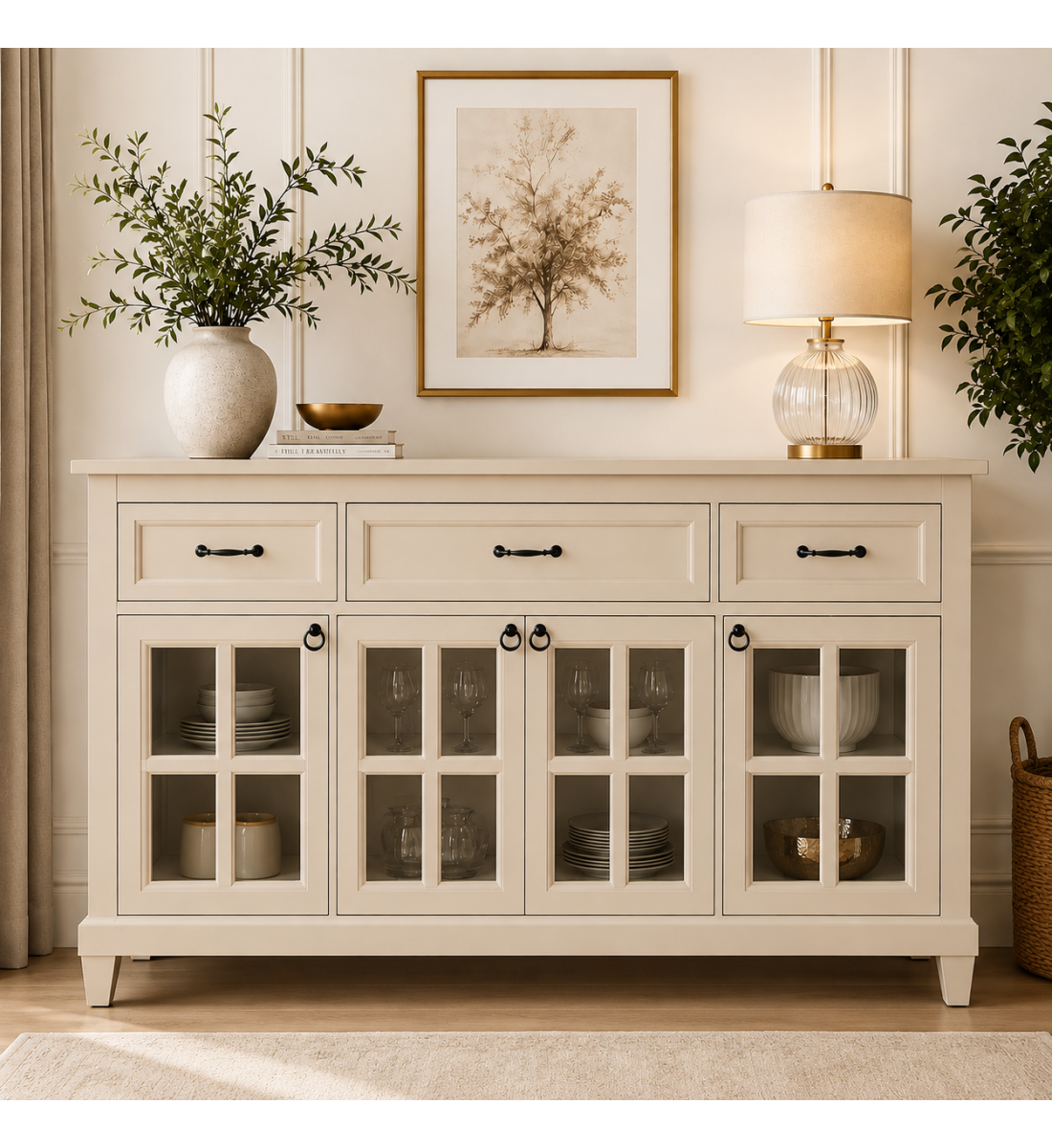بوفيه او ركن كوفي خشبي لون بيج  بتصميم عصري فاخر، 150×40×90 سم (منتج تفصيل )