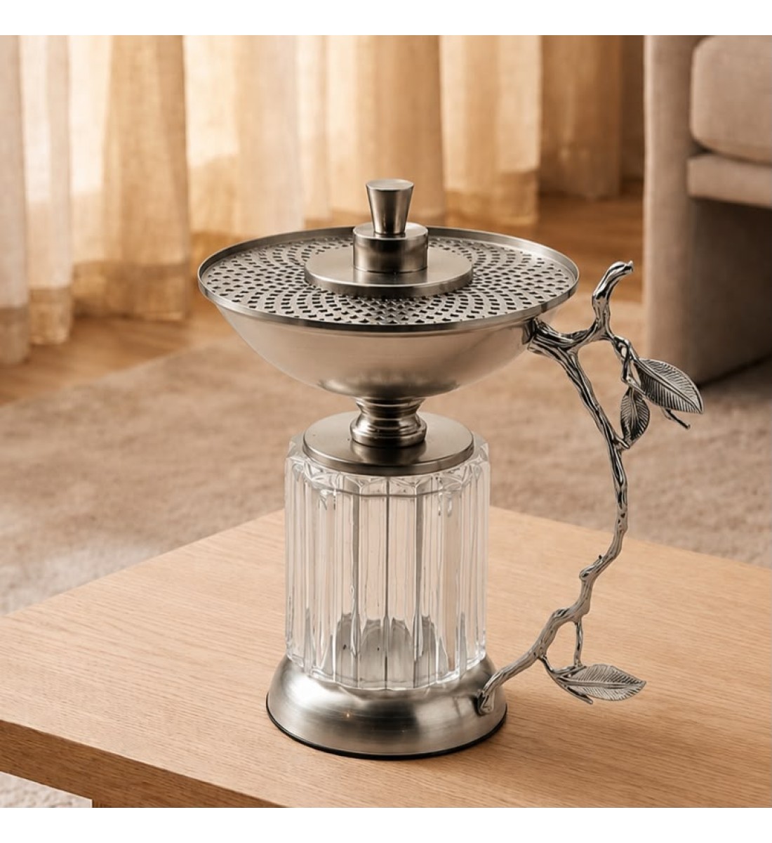 مبخرة فضية بقاعدة زجاجية وغصن مزخرف20×16×16سم