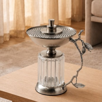 مبخرة فضية بقاعدة زجاجية وغصن مزخرف20×16×16سم