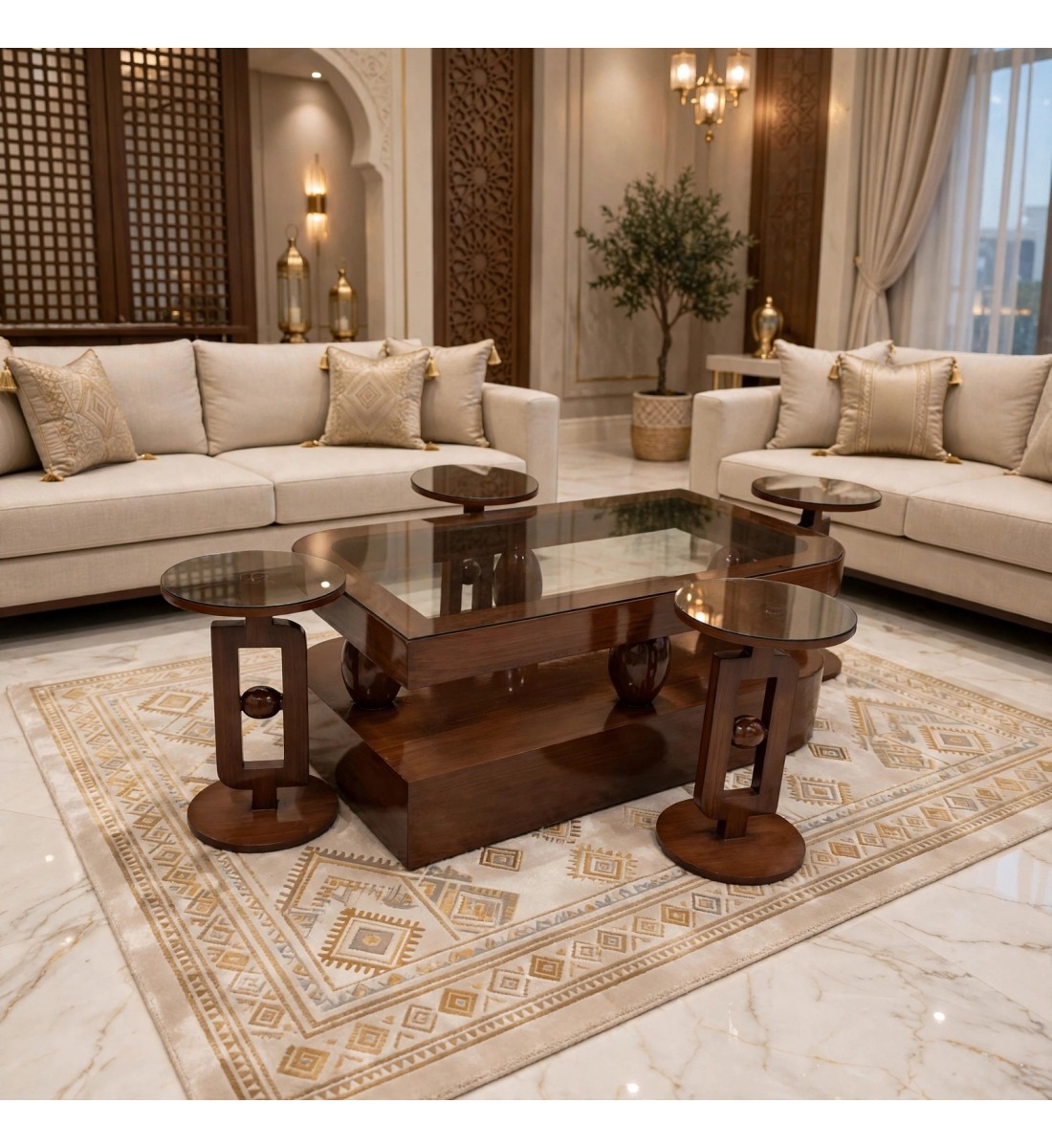 طقم طاولات ضيافة خشبي فاخر بتصميم كلاسيكي أنيق 5 قطع    (منتج تفصيل)