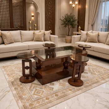 طقم طاولات ضيافة خشبي فاخر بتصميم كلاسيكي أنيق 5 قطع    (منتج تفصيل)
