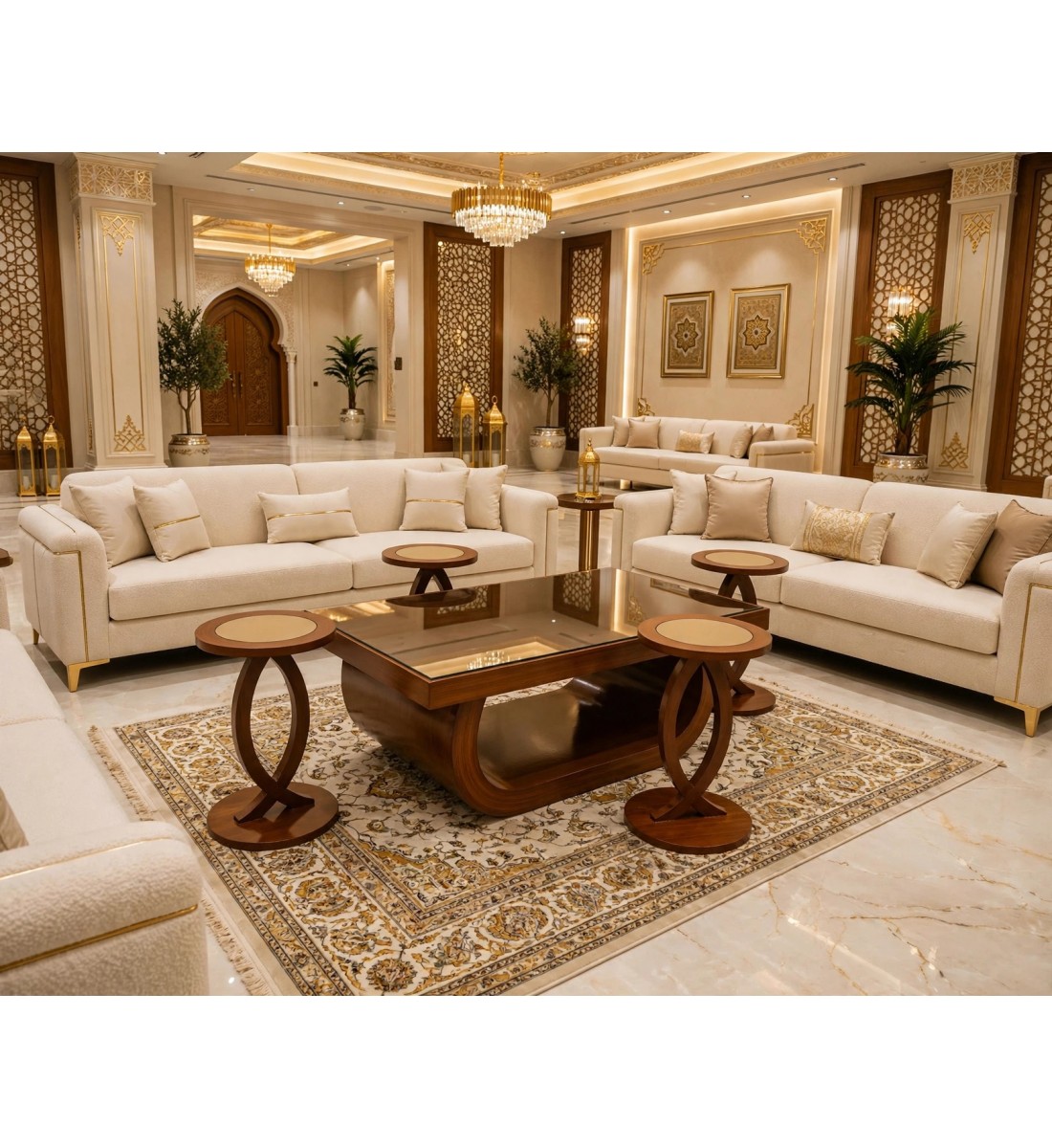طقم طاولات ضيافة خشبي فاخر بتصميم كلاسيكي أنيق 5 قطع    (منتج تفصيل)