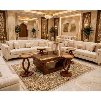 طقم طاولات ضيافة خشبي فاخر بتصميم كلاسيكي أنيق 5 قطع    (منتج تفصيل)