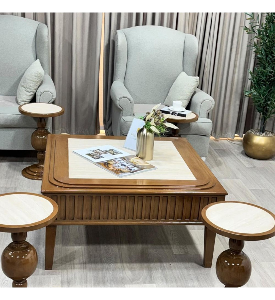 طقم طاولات ضيافة سطح بديل رخام وخشب قاعدة خشبي فاخر بتصميم كلاسيكي أنيق 5 قطع (منتج تفصيل) طقم طاولات ضيافة سطح بديل رخام وخشب قاعدة خشبي فاخر بتصميم كلاسيكي أنيق 5 قطع (منتج تفصيل)