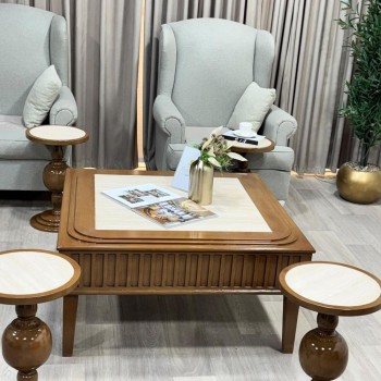 طقم طاولات ضيافة سطح بديل رخام وخشب قاعدة خشبي فاخر بتصميم كلاسيكي أنيق 5 قطع (منتج تفصيل) طقم طاولات ضيافة سطح بديل رخام وخشب قاعدة خشبي فاخر بتصميم كلاسيكي أنيق 5 قطع (منتج تفصيل)